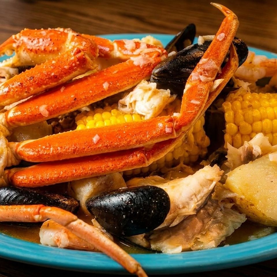 A vibrant blue plate holds a seafood boil with crab legs, mussels, corn on the cob, and potatoes.