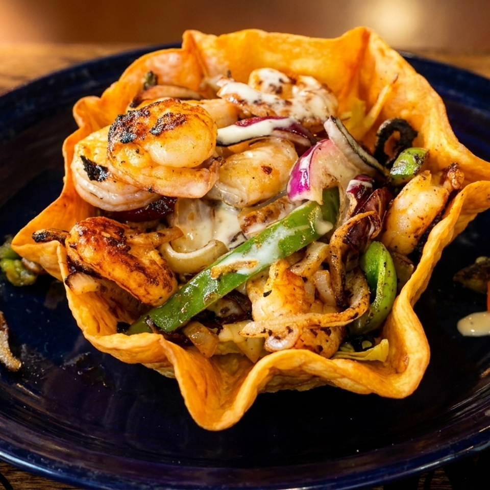 Shrimp fajita salad in a crispy tortilla bowl with peppers, onions, and creamy dressing.