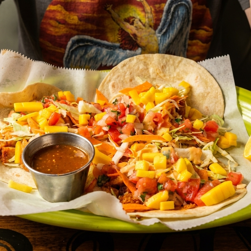 Two vibrant tacos with mango salsa, pico de gallo, and a side of sauce on a green plate.