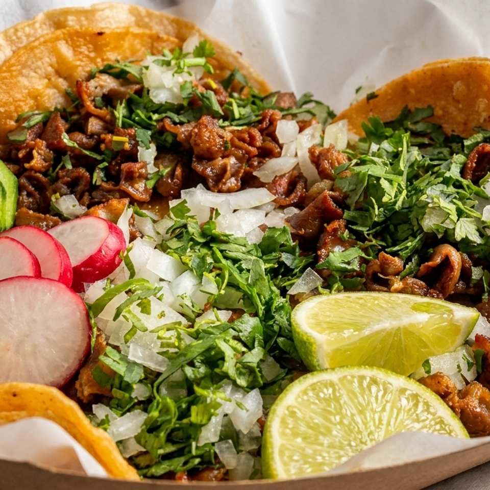 Two street tacos with meat, onions, cilantro, radishes, cucumber, and lime wedges.