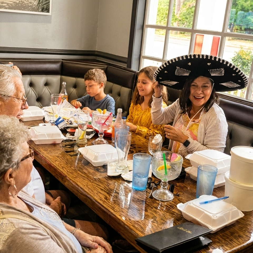 A group of people, including a woman in a sombrero, enjoying a meal at a restaurant.