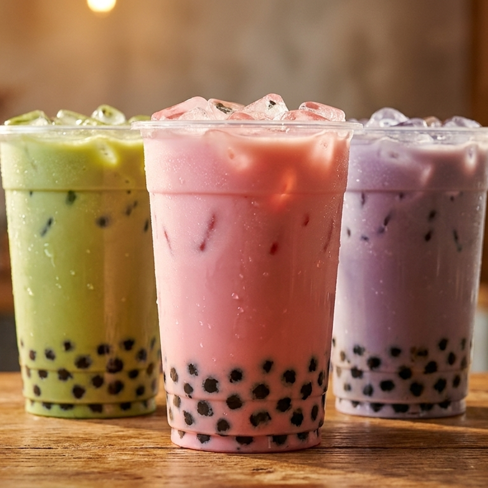 Three colorful bubble teas, green, pink, and purple, with tapioca pearls and ice on a wooden table.
