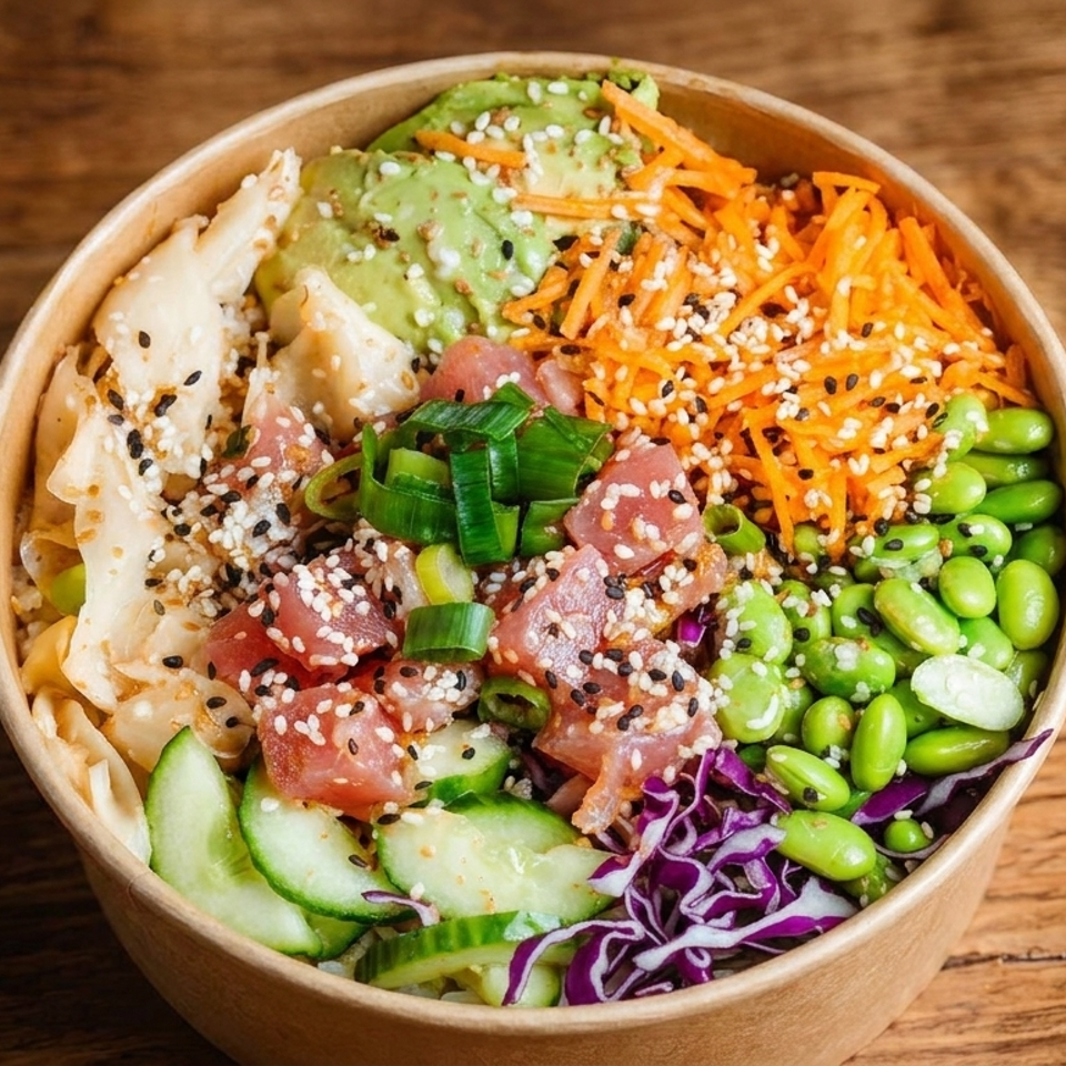 A colorful poke bowl with tuna, avocado, carrots, edamame, cucumbers, and red cabbage.
