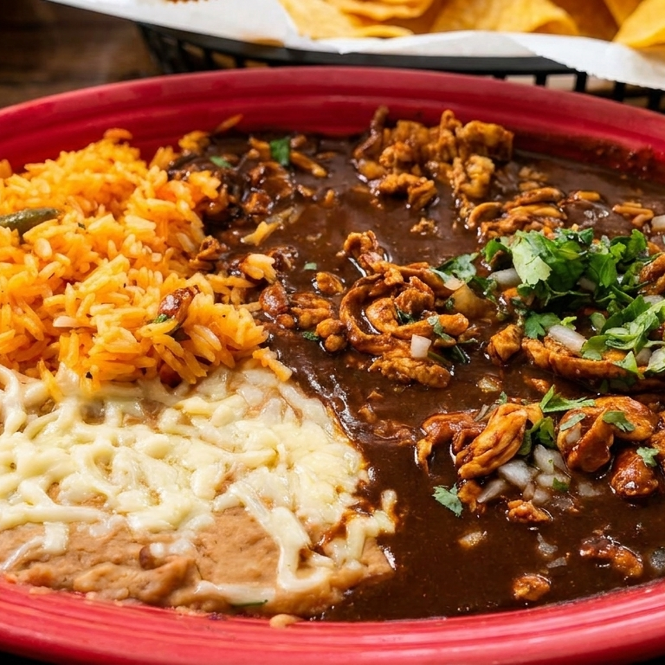A red plate with chicken mole, rice, and refried beans topped with melted cheese.